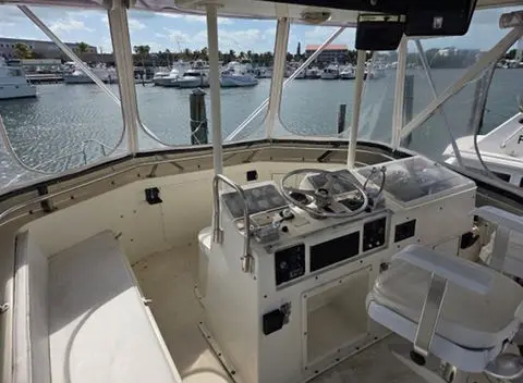 The flybridge helm of the Magic overlooking the Key West marina