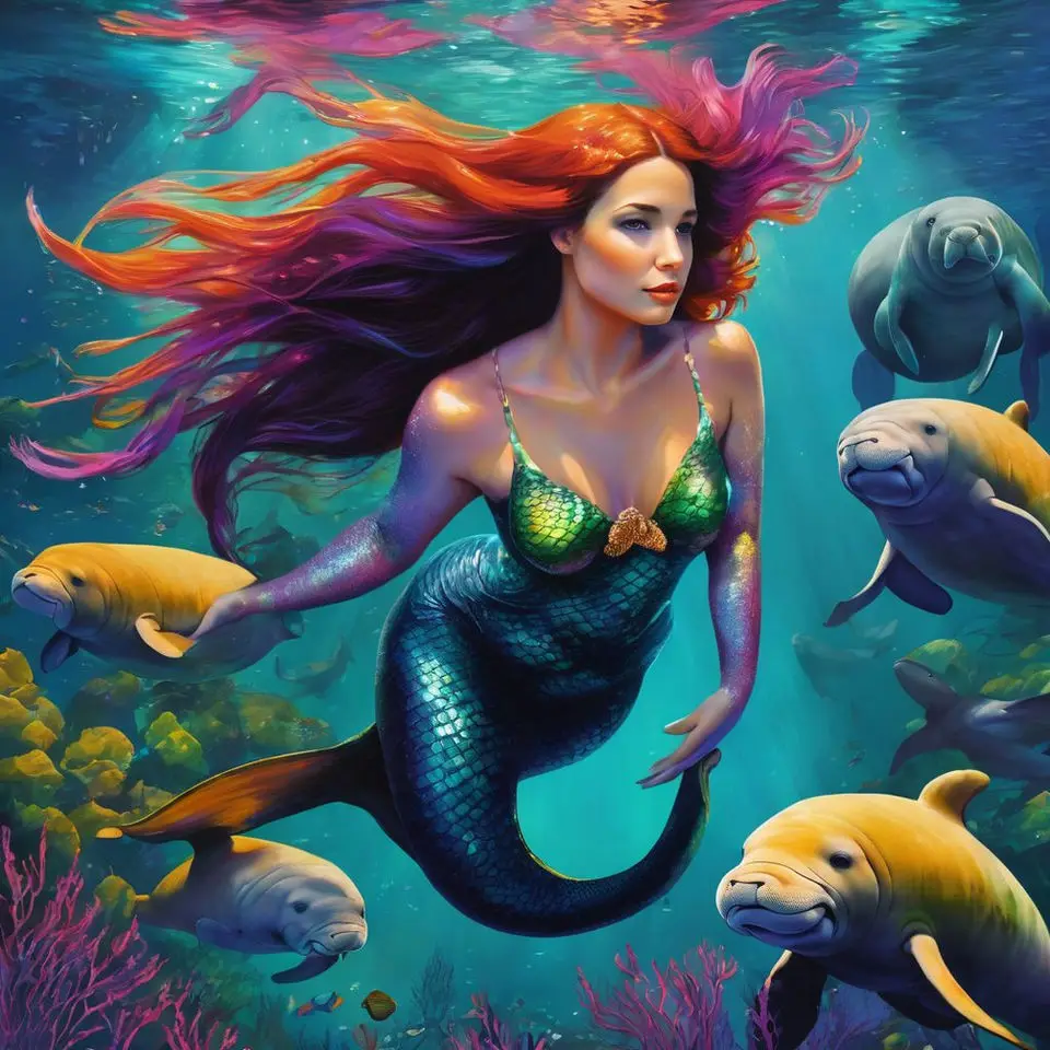 Original painting by Captain Barry Spieler of a mermaid watching the sunset over the waves