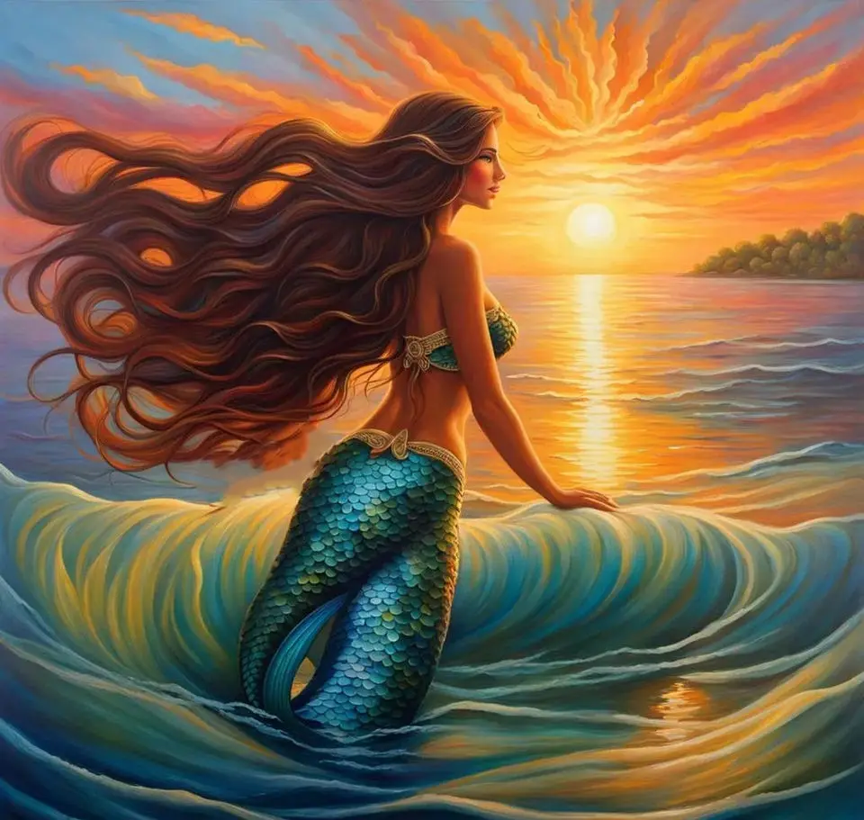 Original painting by Captain Barry Spieler of a mermaid watching the sunset over the waves