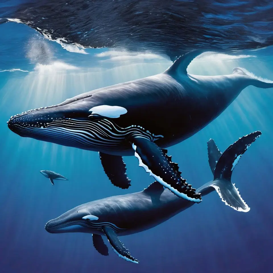 Original painting by Captain Barry Spieler of humpback whales swimming beneath the surface