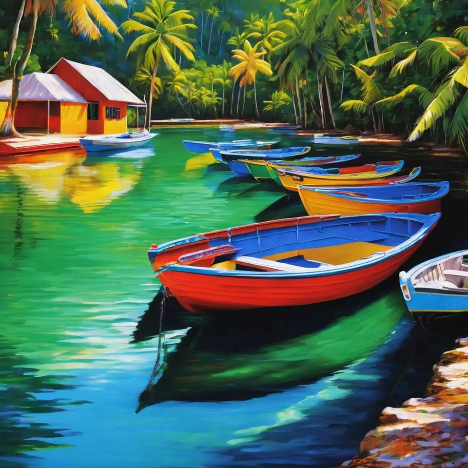 Original painting by Captain Barry Spieler of colorful rowboats moored on a tropical lagoon