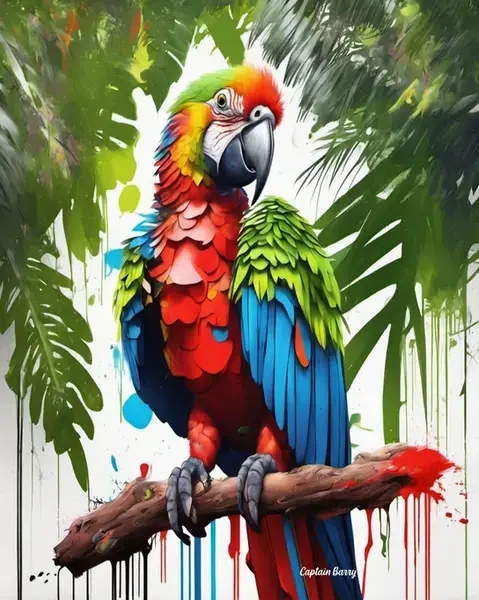 Original painting by Captain Barry Spieler of a macaw parrot among tropical leaves