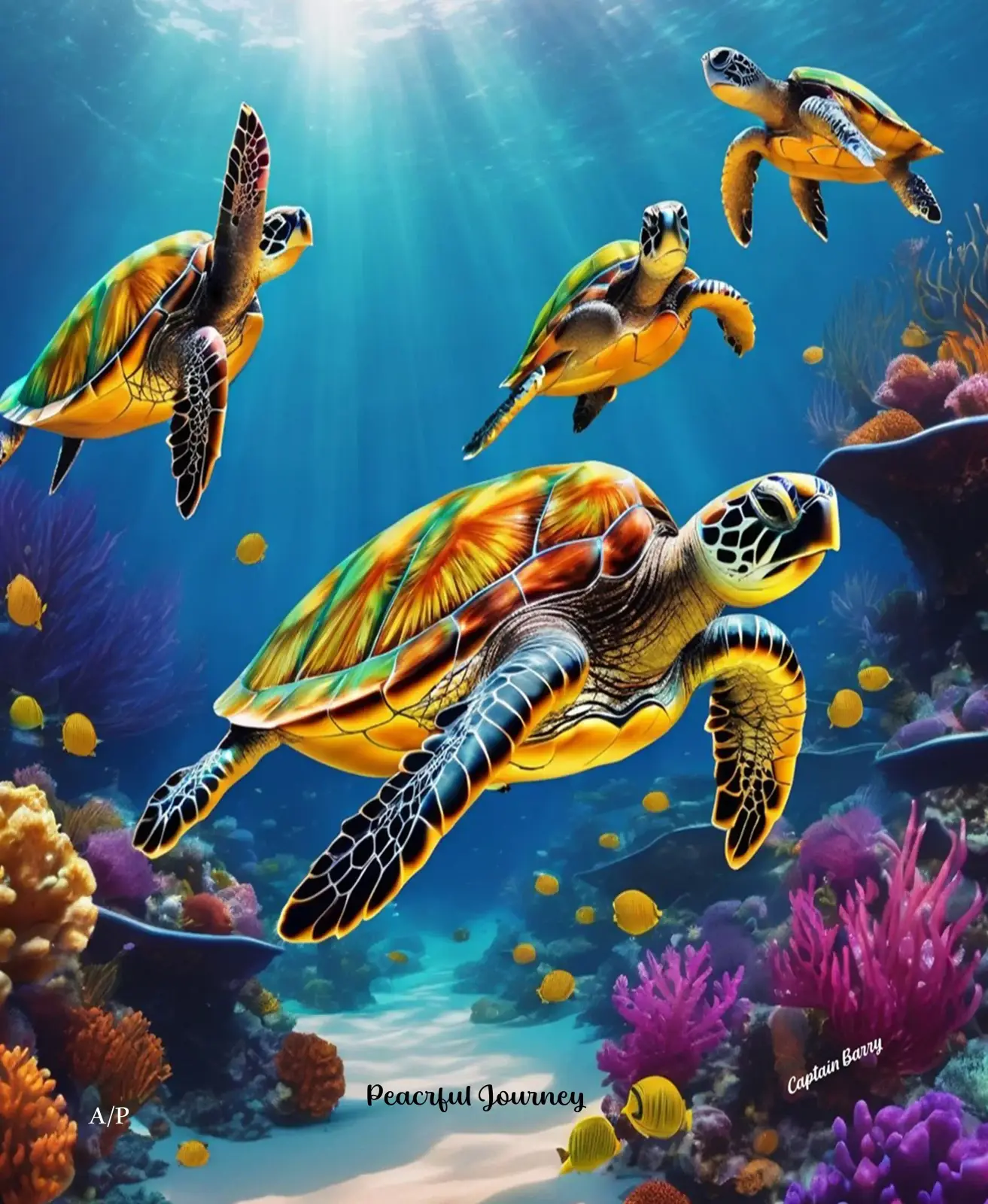 Original painting by Captain Barry Spieler titled Peaceful Journey, sea turtles swimming over a reef