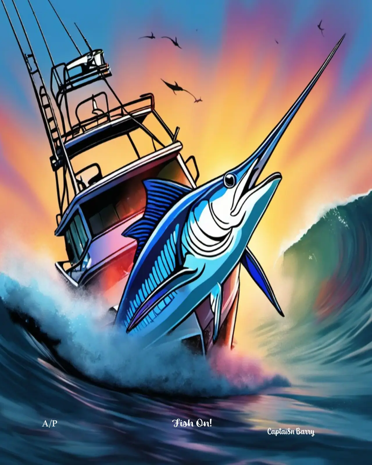 Original painting by Captain Barry Spieler titled Fish On, a marlin leaping in front of a sportfishing boat