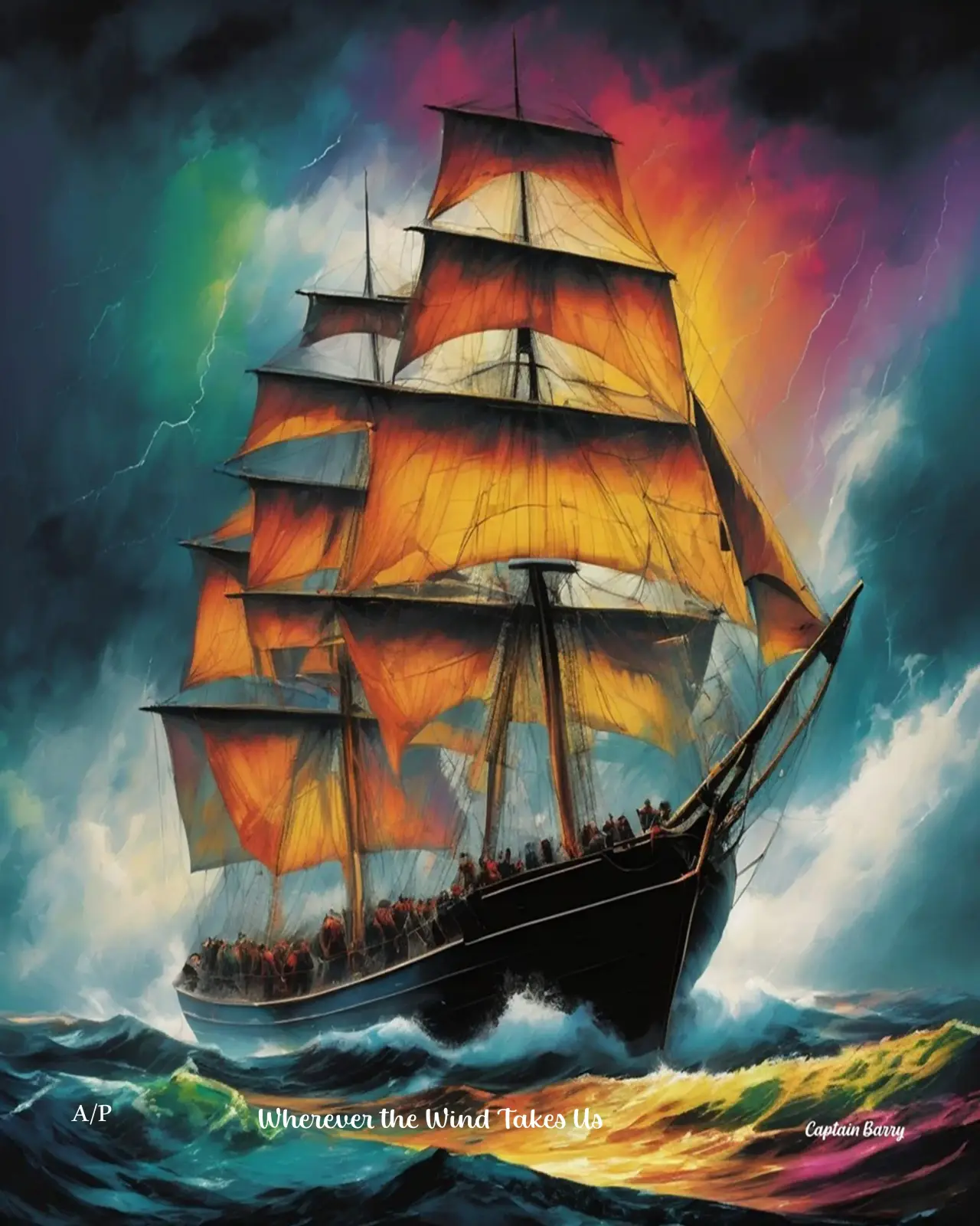 Original painting by Captain Barry Spieler titled Wherever the Wind Takes Us, a tall ship sailing through a storm