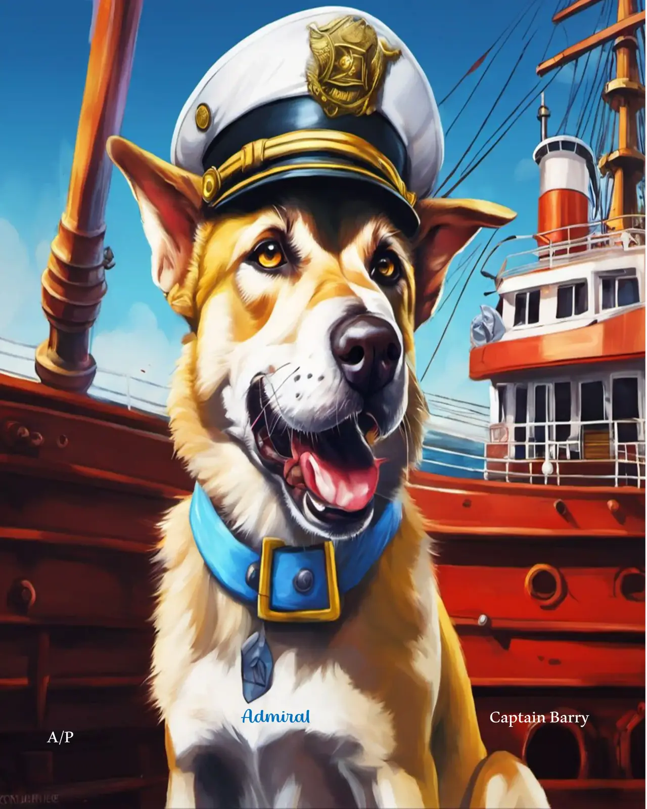 Original painting by Captain Barry Spieler titled Admiral, a dog wearing a captain's hat aboard a ship